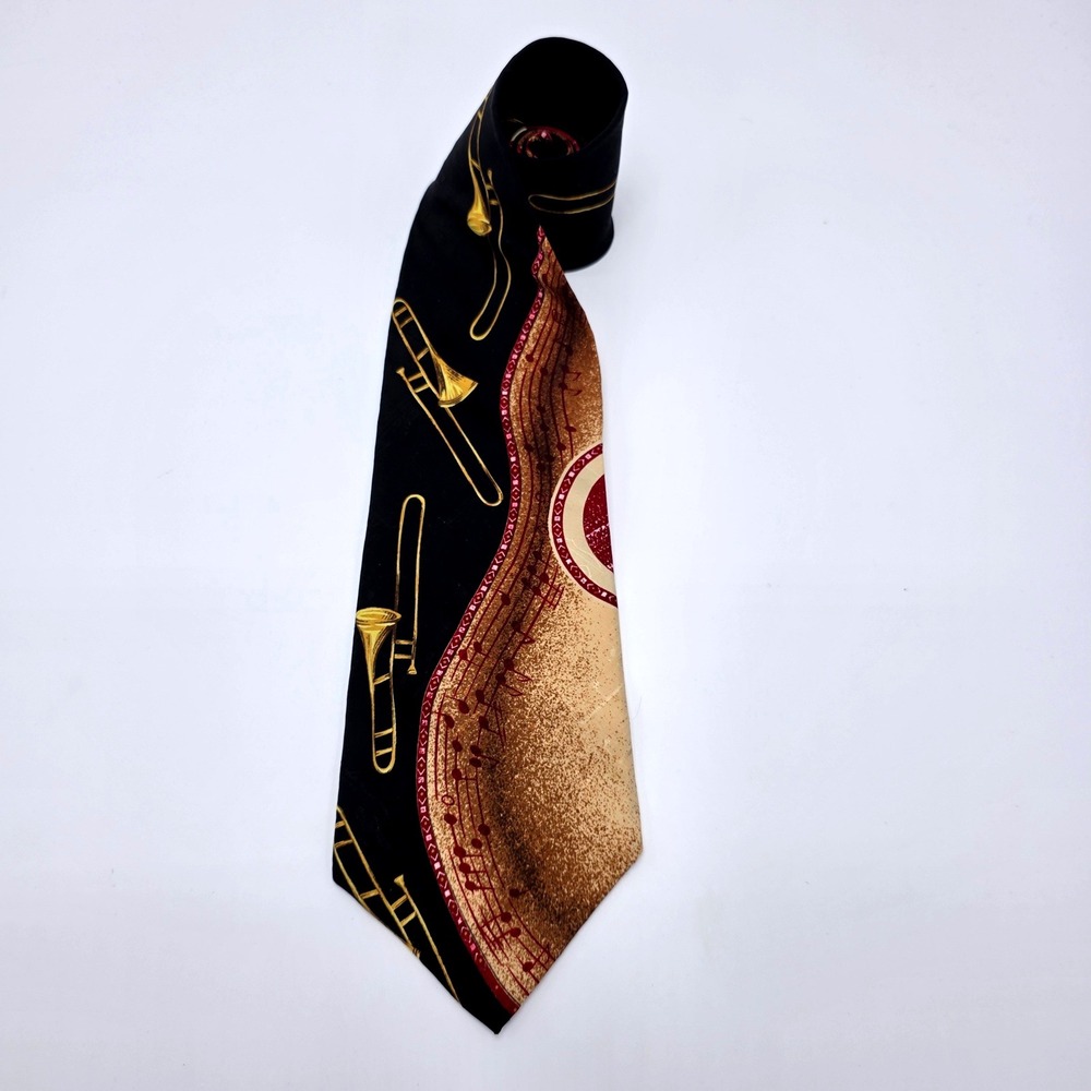 I AM Je Suis Mens Silk Tie Black Gold Trombone Musical Instrument Cello Jazz